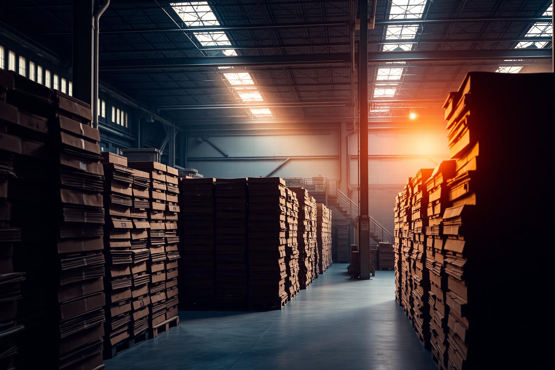 Caixas de papelão empilhadas em fábrica industrial